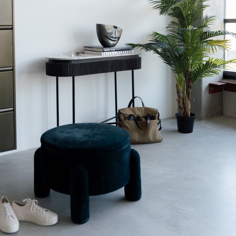 Tabouret-coffre rond en velours bleu - Kare Design