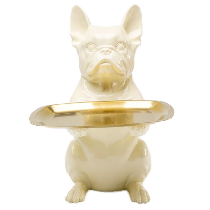 Cream-colored bulldog butler figurine with gold tray - Kare Design