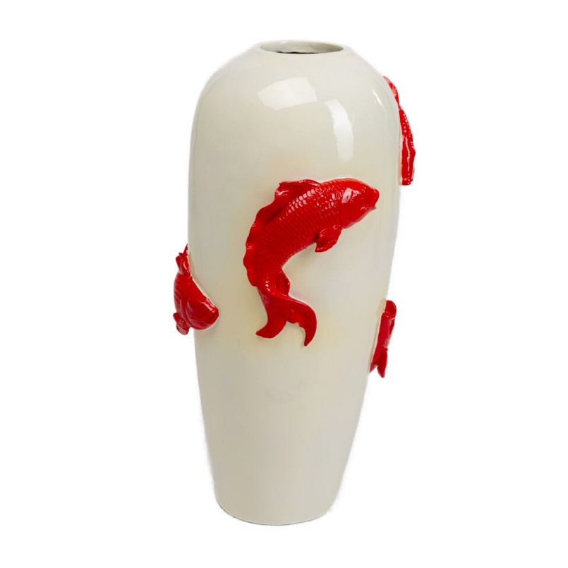 White Vase with Red Koi Carp in Relief - Kare Design