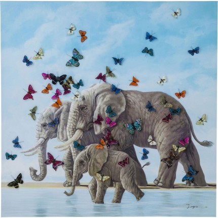 Tableau Touched Elephants with Butterflys 120x120cm Kare Design