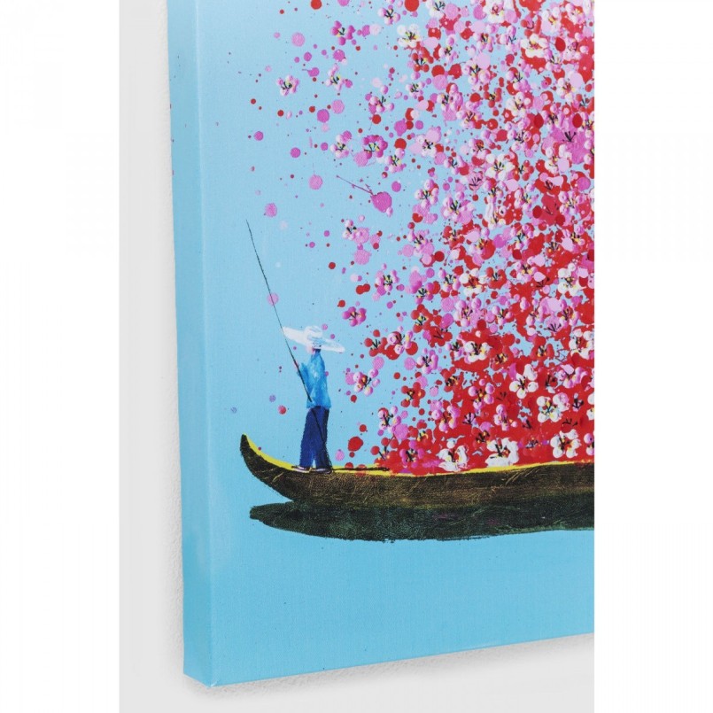 Tableau Touched fleurs pirogue bleu et rose 100x80cm Kare Design