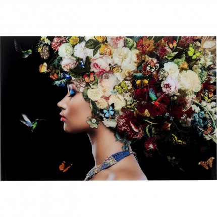 Tableau en verre femme fleurs papillons 150x100cm Kare Design