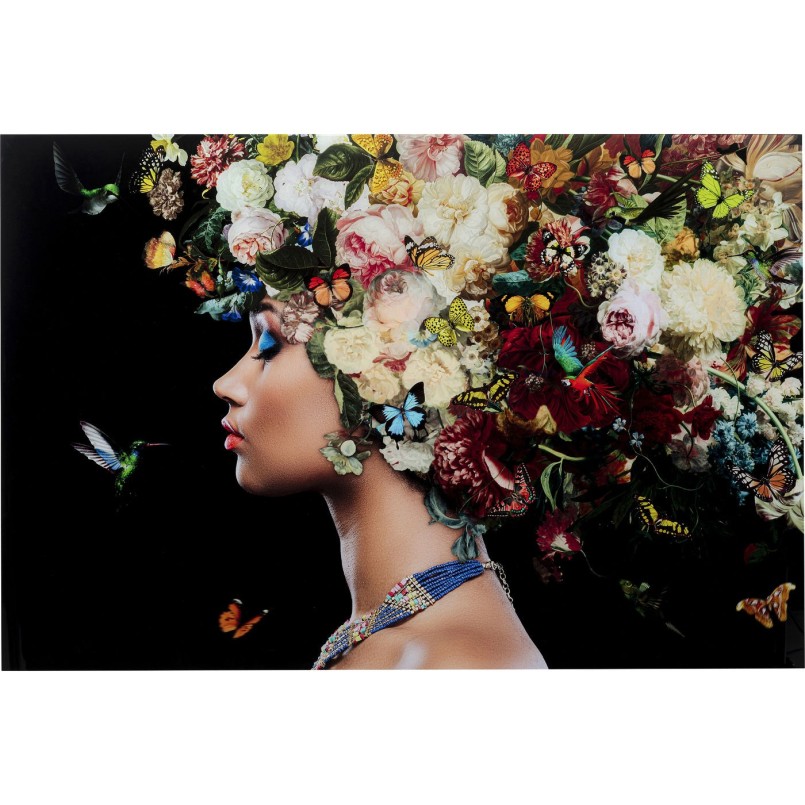 Tableau en verre femme fleurs papillons 150x100cm Kare Design